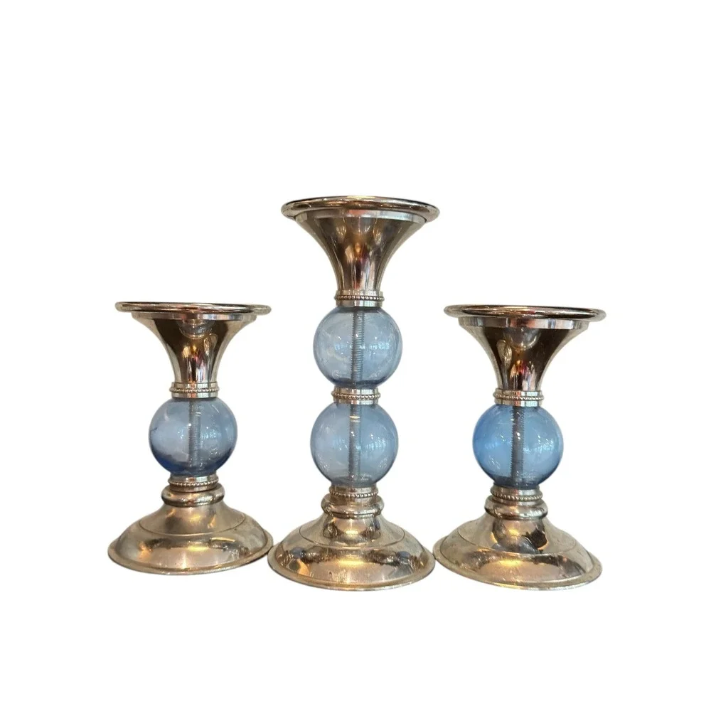 Silver Tone Blue Glass Orb Candlestick Holders Set of 3 Taper Pillar Pedestal